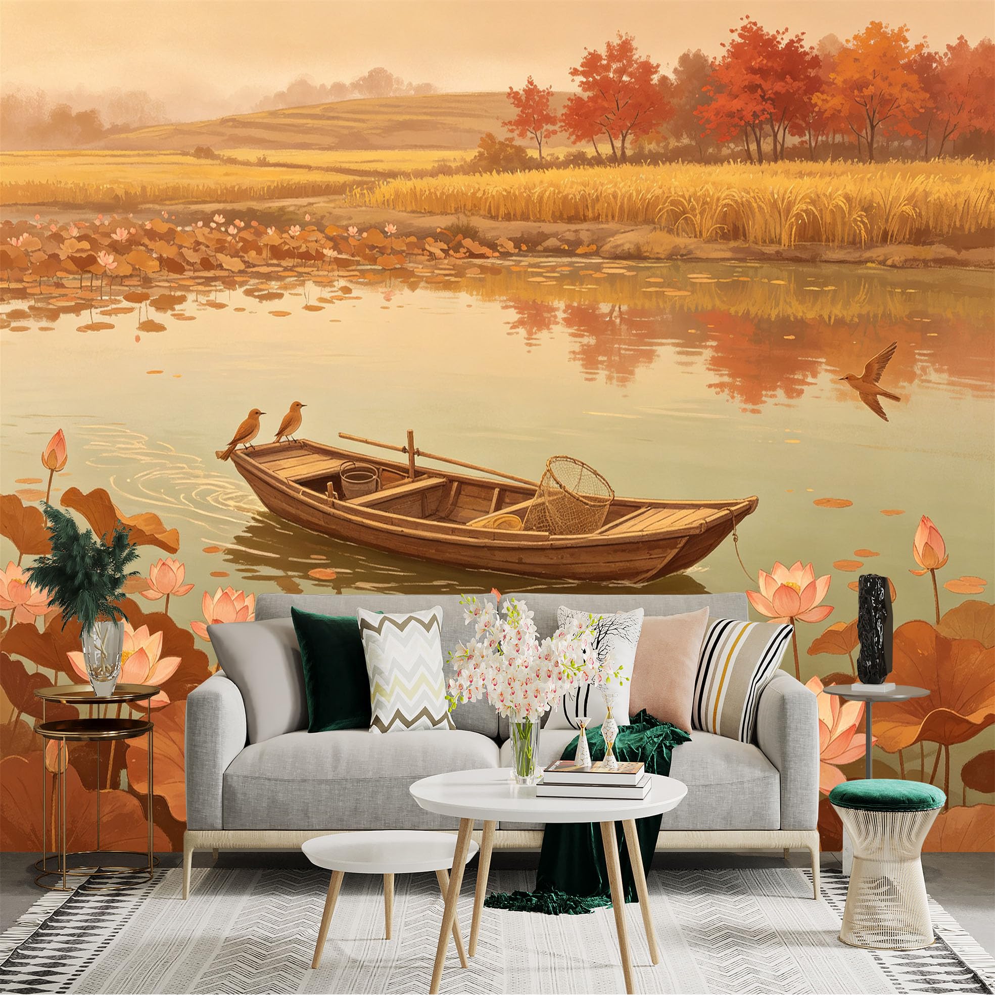 Custom Size Wall Sticker Mural， Serene Lotus Pond with Wooden Boat， Peaceful Autumn Landscape， Birds and Blooming Flowers， for wall Decoration， peelandstick wall Decals.