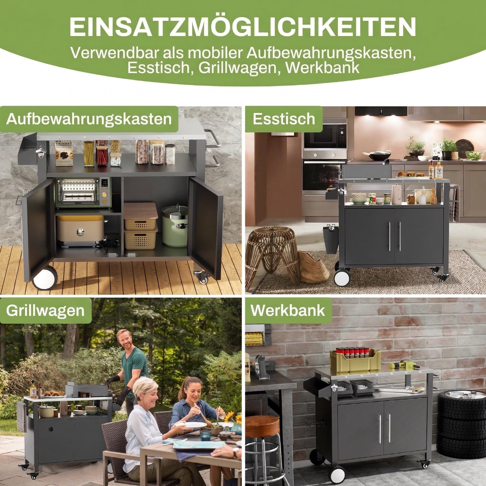 Metallschrank Outdoor mit Stauraum, Gartenschrank Wetterfest mit Haken und Gewürzregal, Outdoor Küche mit 360°-Rollen, für Terrasse/Balkon/Garten, Werkzeugschrank, Wetterfest