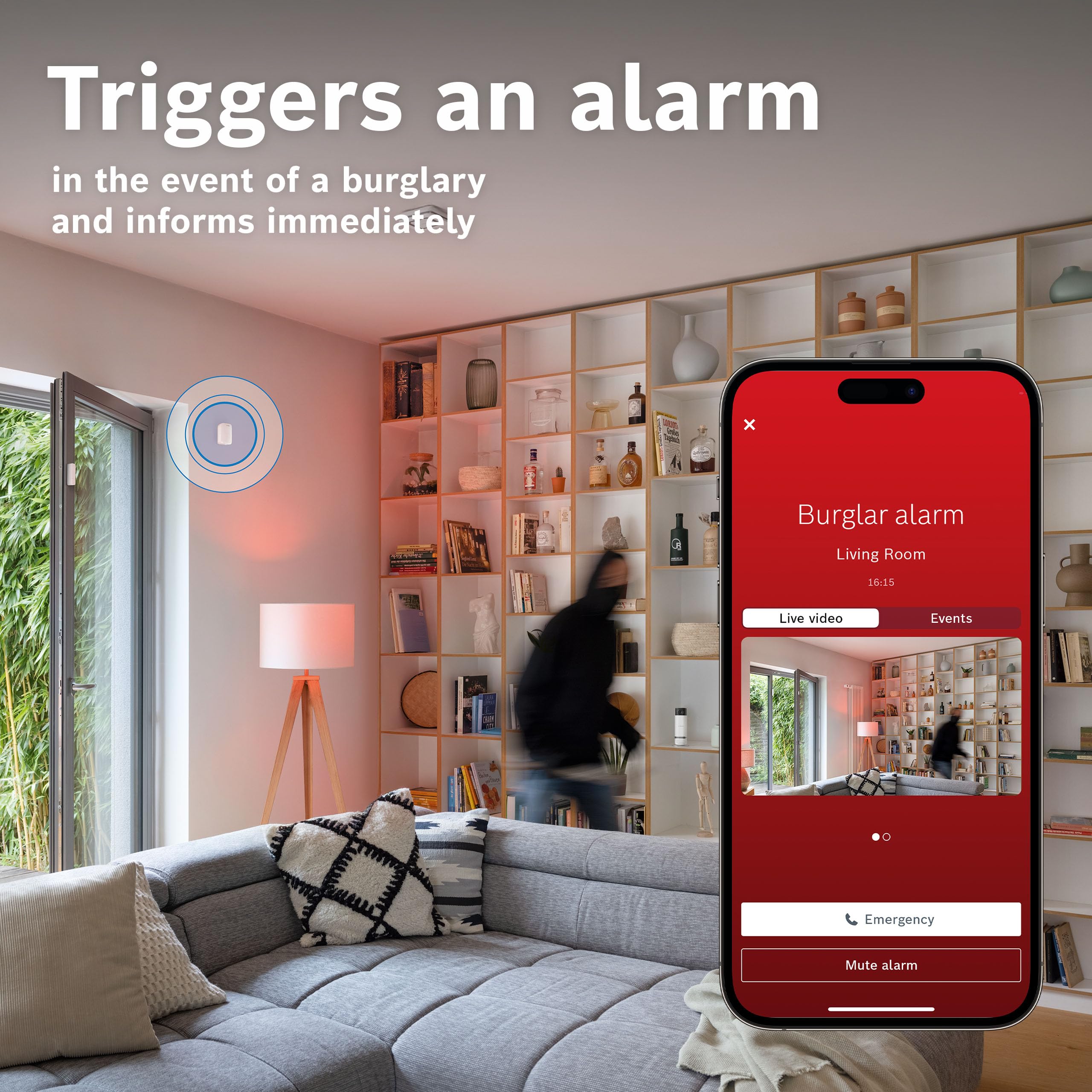 Sensor de MOV. Bosch Smart Home II [+M], Detector de MOV. para exter. e Inter., Certificado EN Grado 2, luz de Orient., Filtro p. Animales peq., área de detec. de hasta 13 m, compat. con Matter