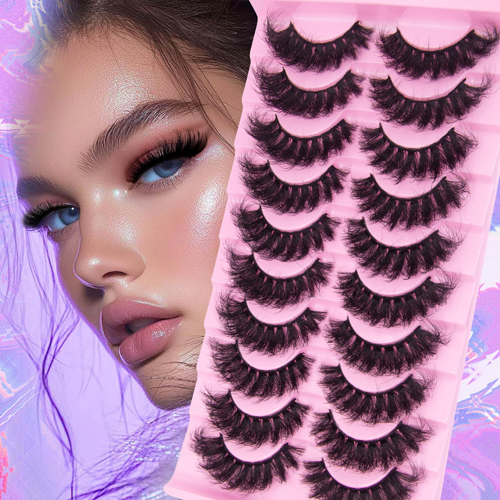 False Eyelashes Strip Fluffy Cat Eye Lashes 3D Thick Eyelash Wispy Curly Full Volume 10 Pairs