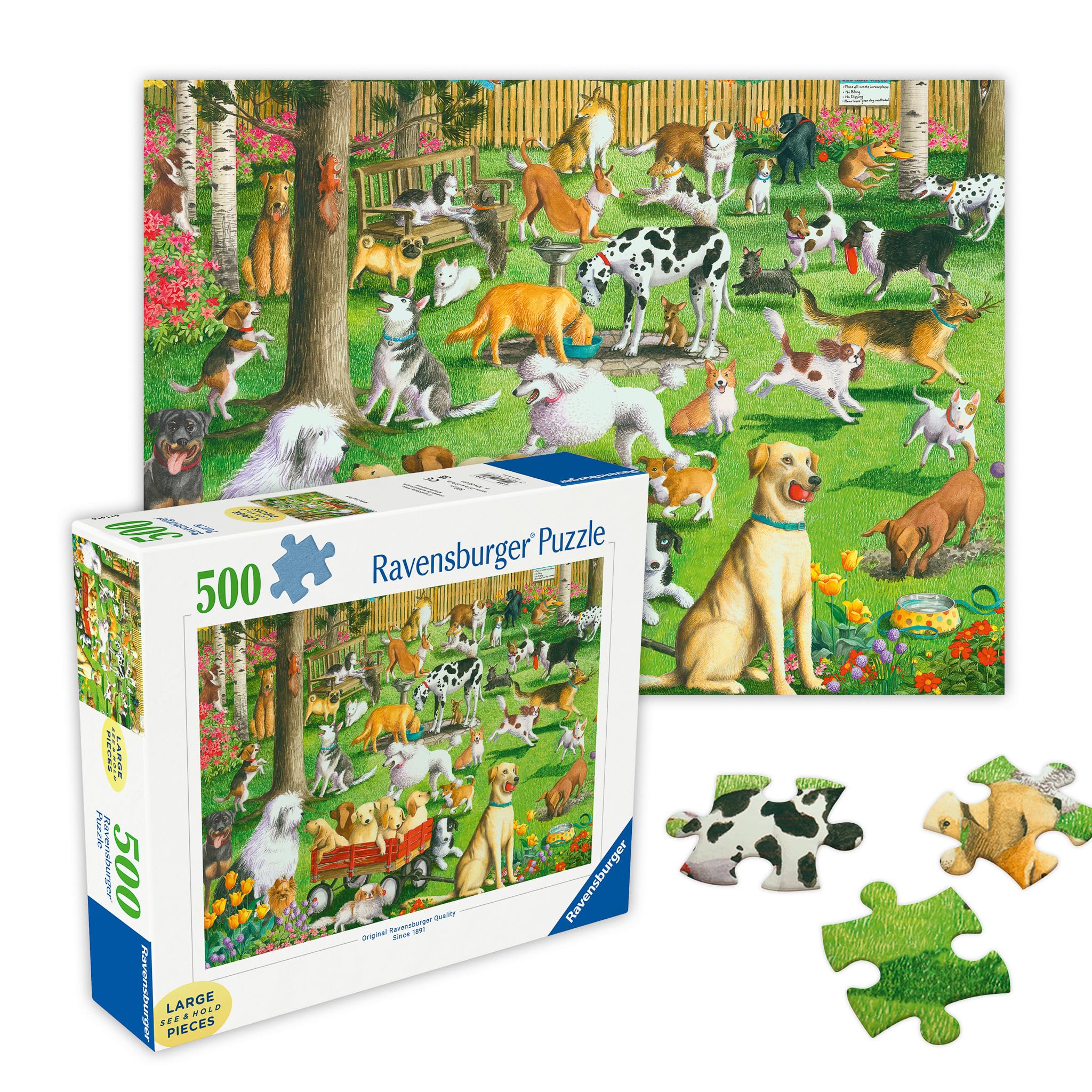 at The Dog Park - 500 Piece Large Format Jigsaw Puzzle - Dogs of Every Breed Romp, Dig, Chase & Play - Premium Quality - Gift for Family Game Night - Puzzles for Adults