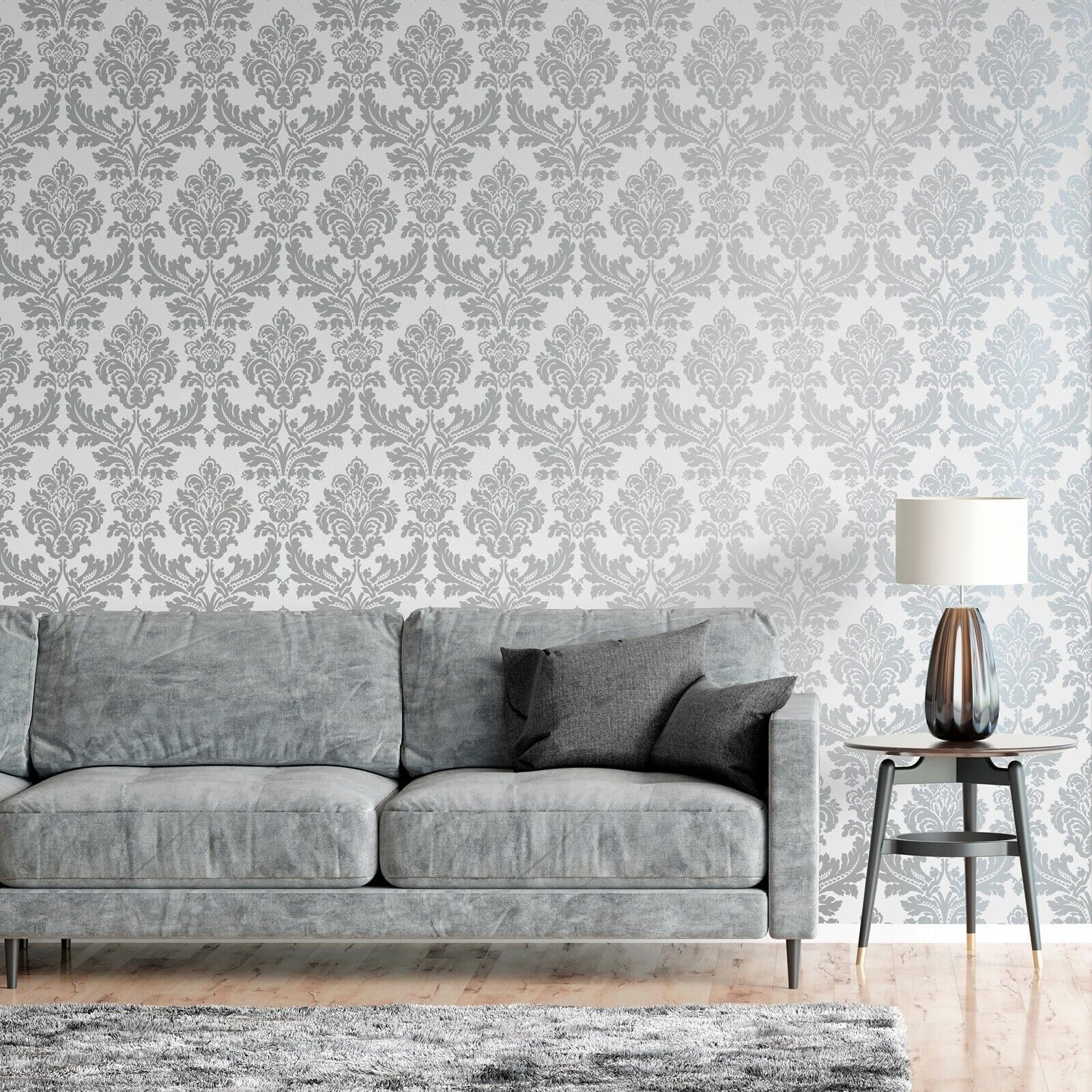 Sophie Laurence Silver & Grey Floral Damask Wallpaper - Vintage Retro Metallic Finish - Sample