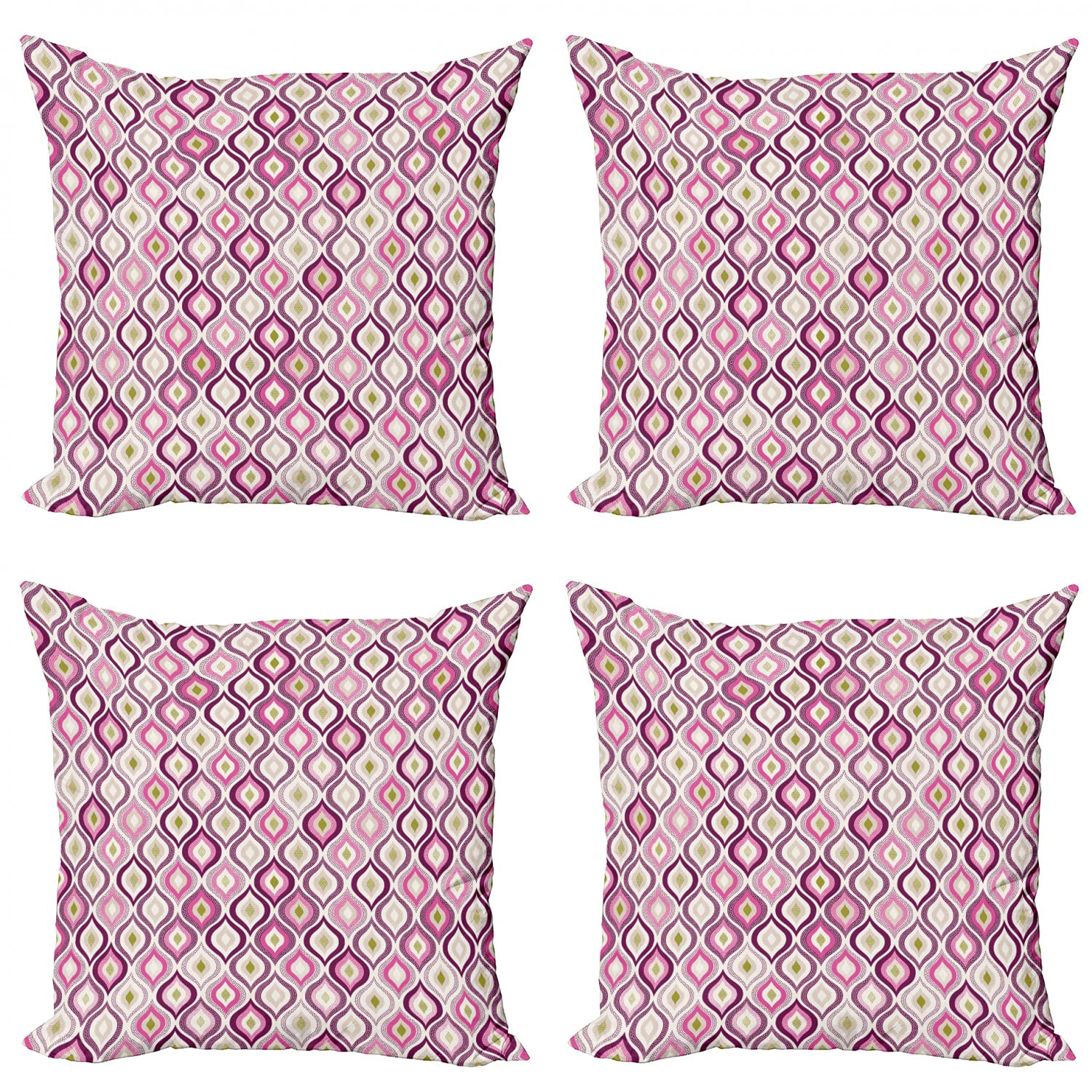 Ambesonne Geometric Decorative Throw Pillow Case Pack of 4, Doodle Style Ornamental Leaf Vibrant Color Scheme Abstract Artwork, Cushion Cover for Couch Living Room Car, 16", Purple Pink Olive Green