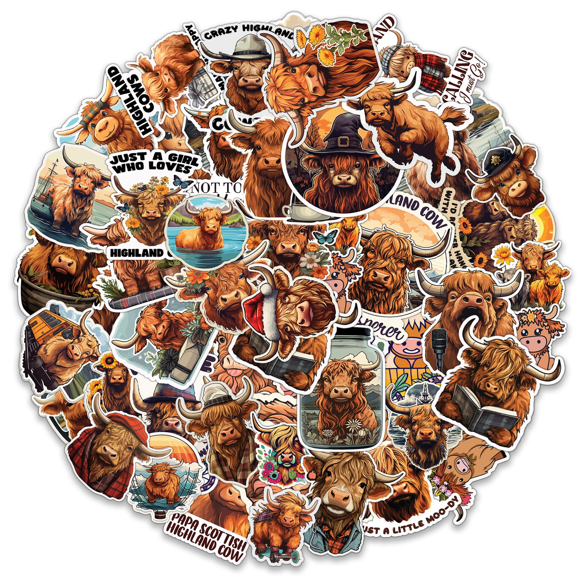 MONIZY Highland Cow Stickers 50 Pieces Vinyl Waterproof Decal for Laptop Water Bottle Phone Car Window Bike Motorcycle Stakeboard Scrapbook Highland Cows Sticker Gifts for Kid Teen Adult