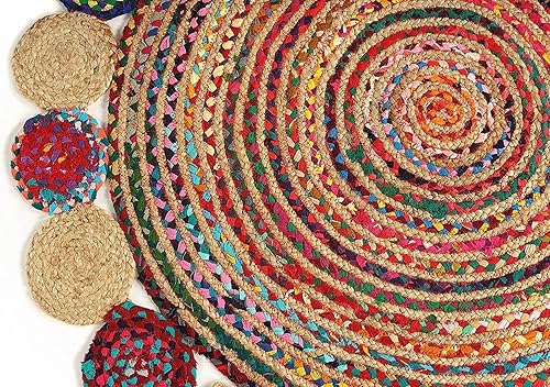 Miniatura 4 de GRUHUM Alfombra de Área de Yute y Algodón de 5 pies - Alfombra de Área de Yute Redonda de Fibra Natural Tejida a Mano Estilo Bohemio Granja Colorida