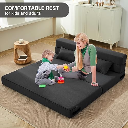 Miniatura 113 de Sofá cama plegable 2 en 1 con almohada, silla plegable, sofá de piso y colchón para dormir, funda lavable y silla de espuma viscoelástica para sala