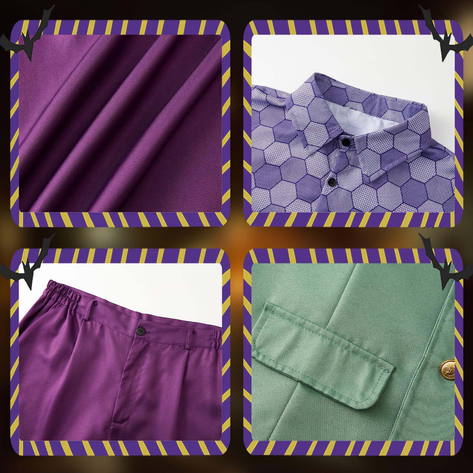 IEEILULU Disfraz Joker Hombre, Disfraz de Payaso Terror Hombre Halloween Disfraz Joker con Abrigo Morado, Chaleco Verde, Pantalones, Corbata, Cuello de Camisa Falso y Guantes para Halloween