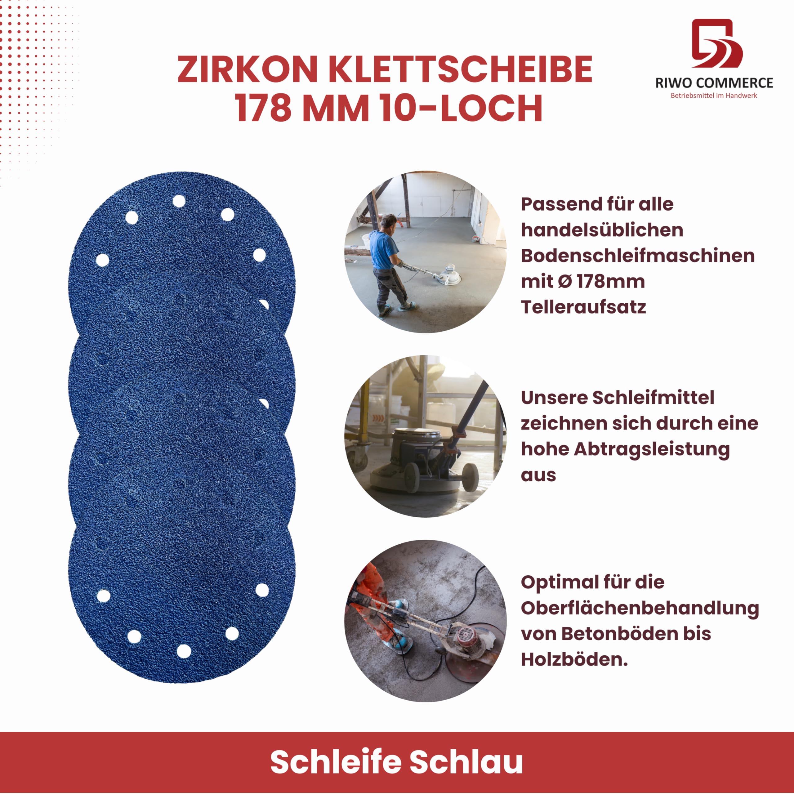 Discos resistentes abrasivos de circonio de gancho y bucle, 10 agujeros, apto para lijadora orbital - excentrica o Pallmann Spider Ø 178 mm grano 36 (50 unidades)