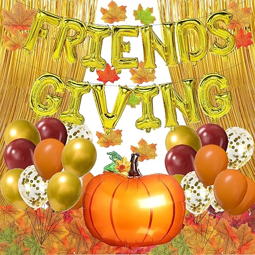 Friendsgiving Decorations 147PCS Friendsgiving Party Decorations With Friendsgiving Balloon Artificial Maple Leaves Gold Foil Curtain Pumpkin Balloon For Home Office Gold Friendsgiving Decorations