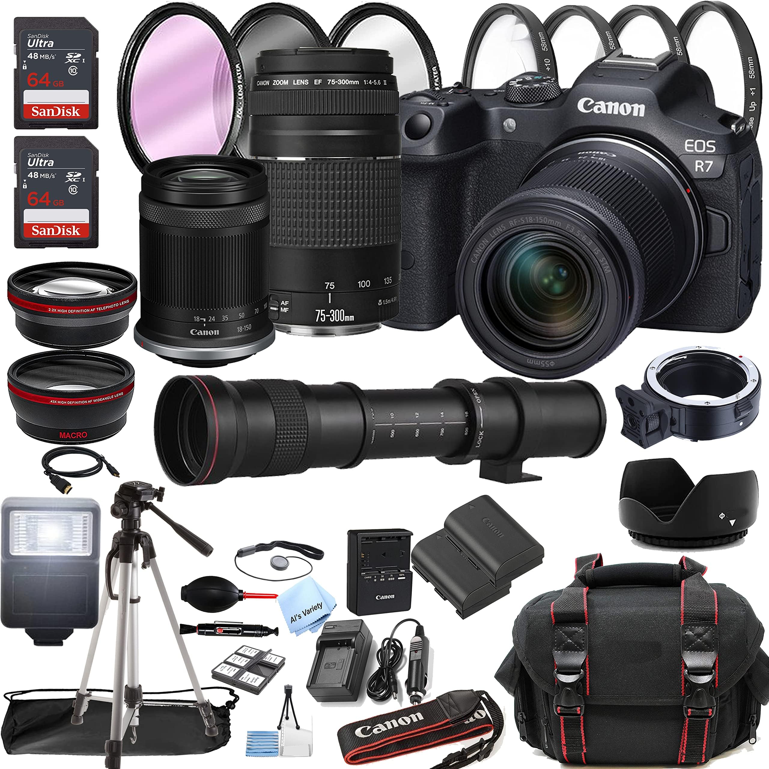 Canon EOS R7 Mirrorless Digital Camera with RF-S 18-150mm f/3.5-6.3 is STM Lens + 75-300mm Lens + 420-800mm Super Telephoto Lens + 128GB Memory + Case + Tripod + Filters (45pc Bundle) (Renewed)