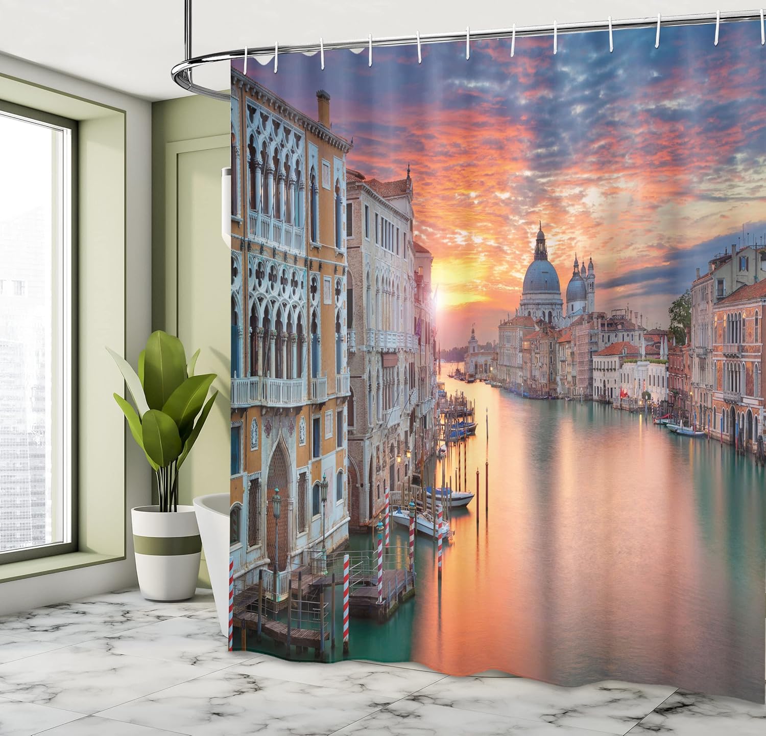 Ambesonne European Shower Curtain, Grand Canal in Venice Horizon European Town International Heritage Urban Image, Cloth Fabric Bathroom Decor Set with Hooks, 69" W x 75" L, Burnt Sienna