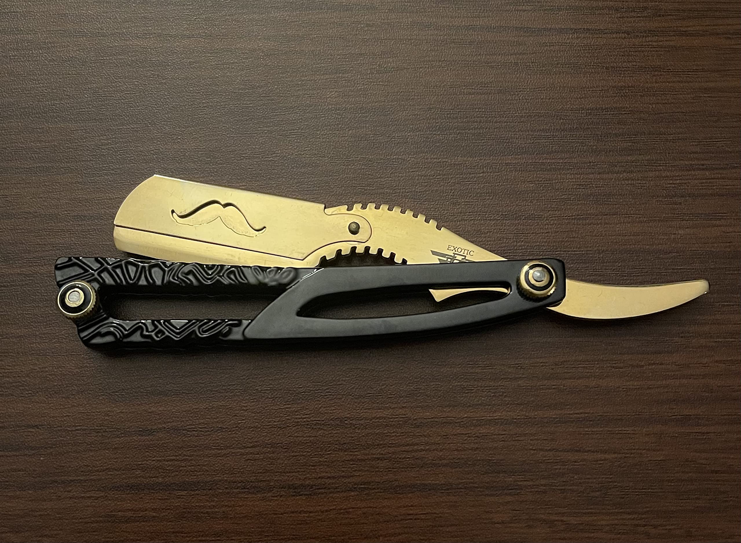 Black and Gold Premium Quality Mustache Engraved Barber Shop Straight Edge Razor