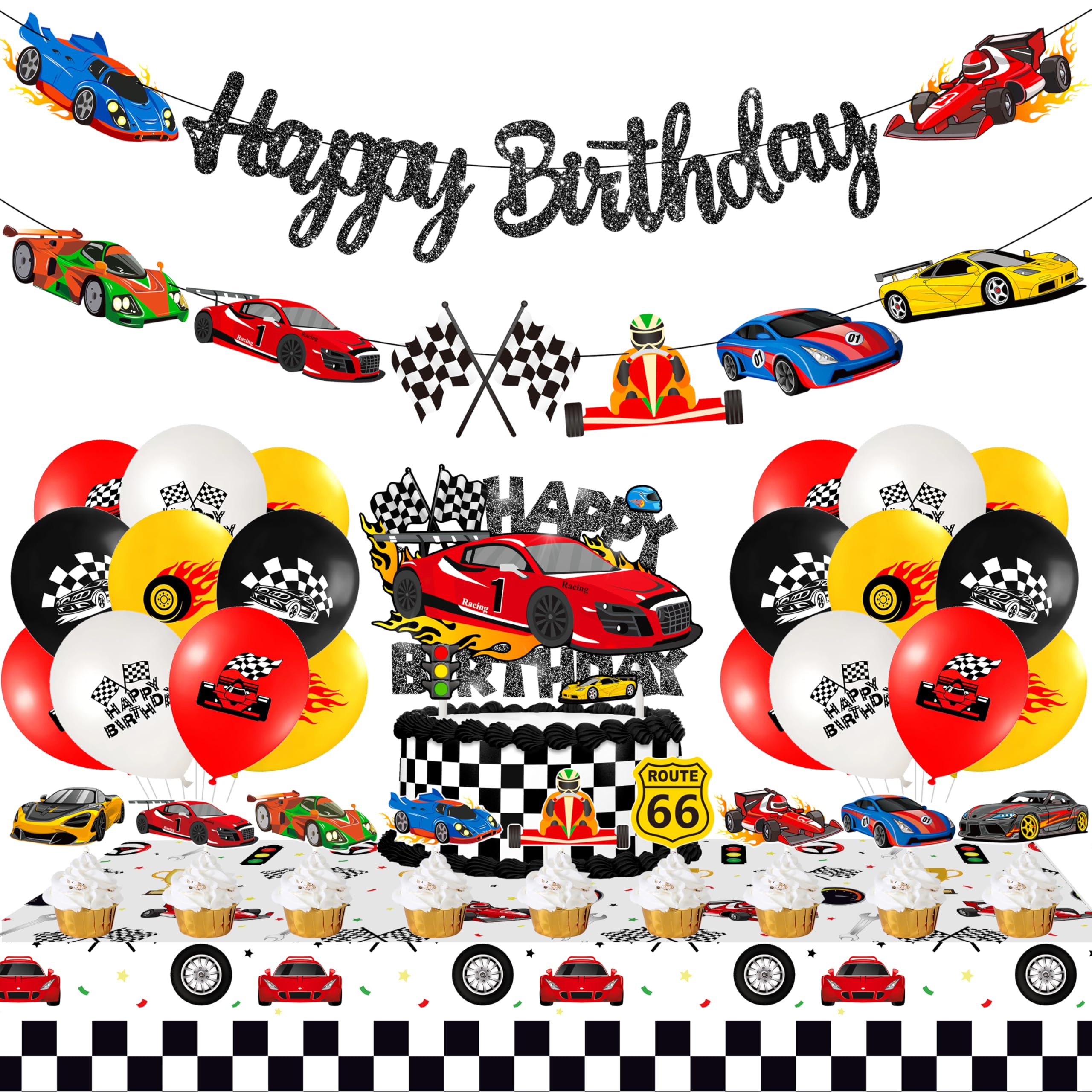 52pcs Racing Car Theme Birthday Party Supplies Race Car Happy Birthday Banner Racing Latex Balloons Tablecloth Cupcake Cake Topper Decorations for