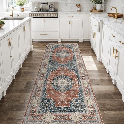 Ksrau 3x8 Runner Rug Washable Vintage Non Slip Brick/Blue