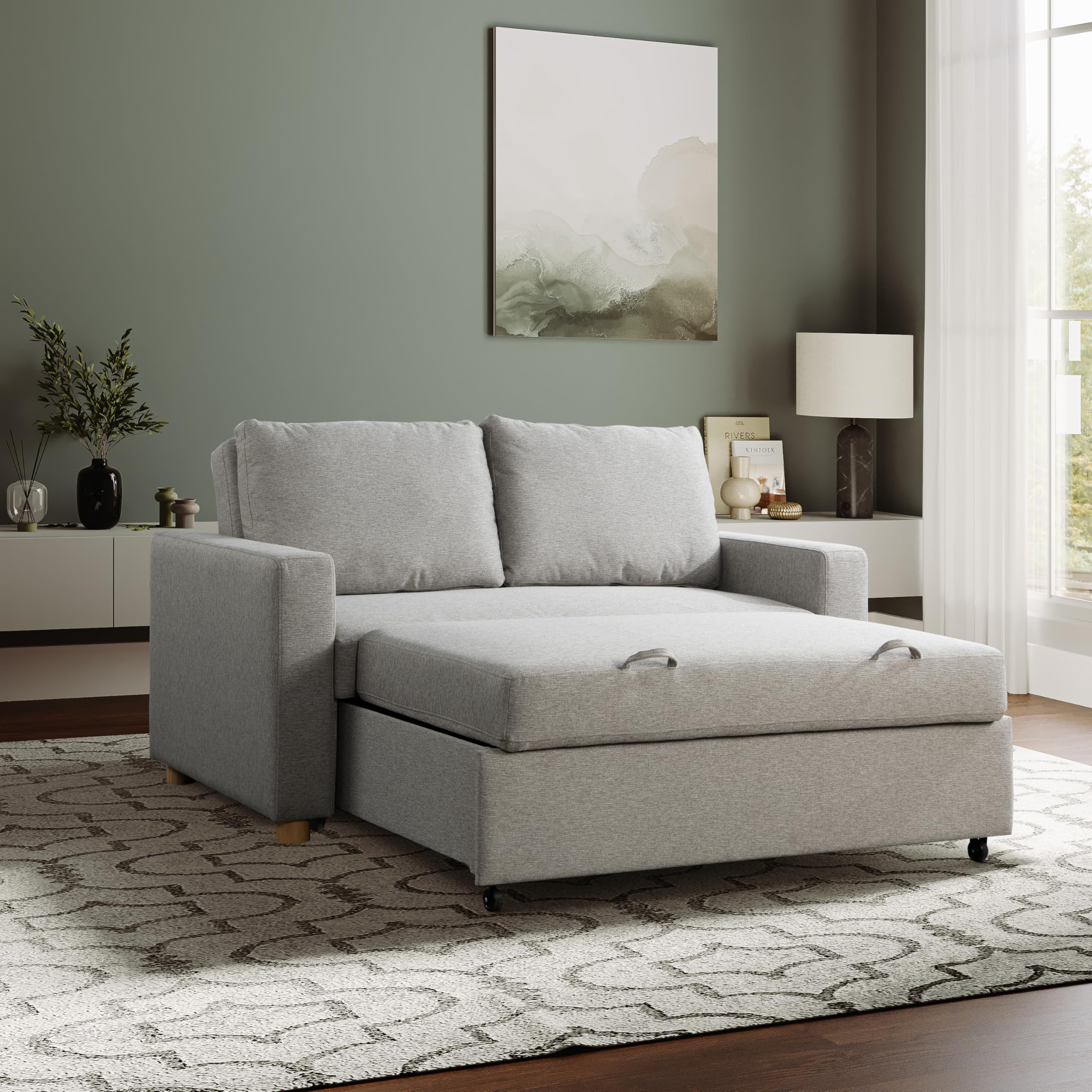 Serta Tulsa 66.1" Convertible Sleeper Loveseat, Full Size, Dreamcoil Comfort, FingerGuard Pinch Point Protection, Woven Fabric, Light Grey