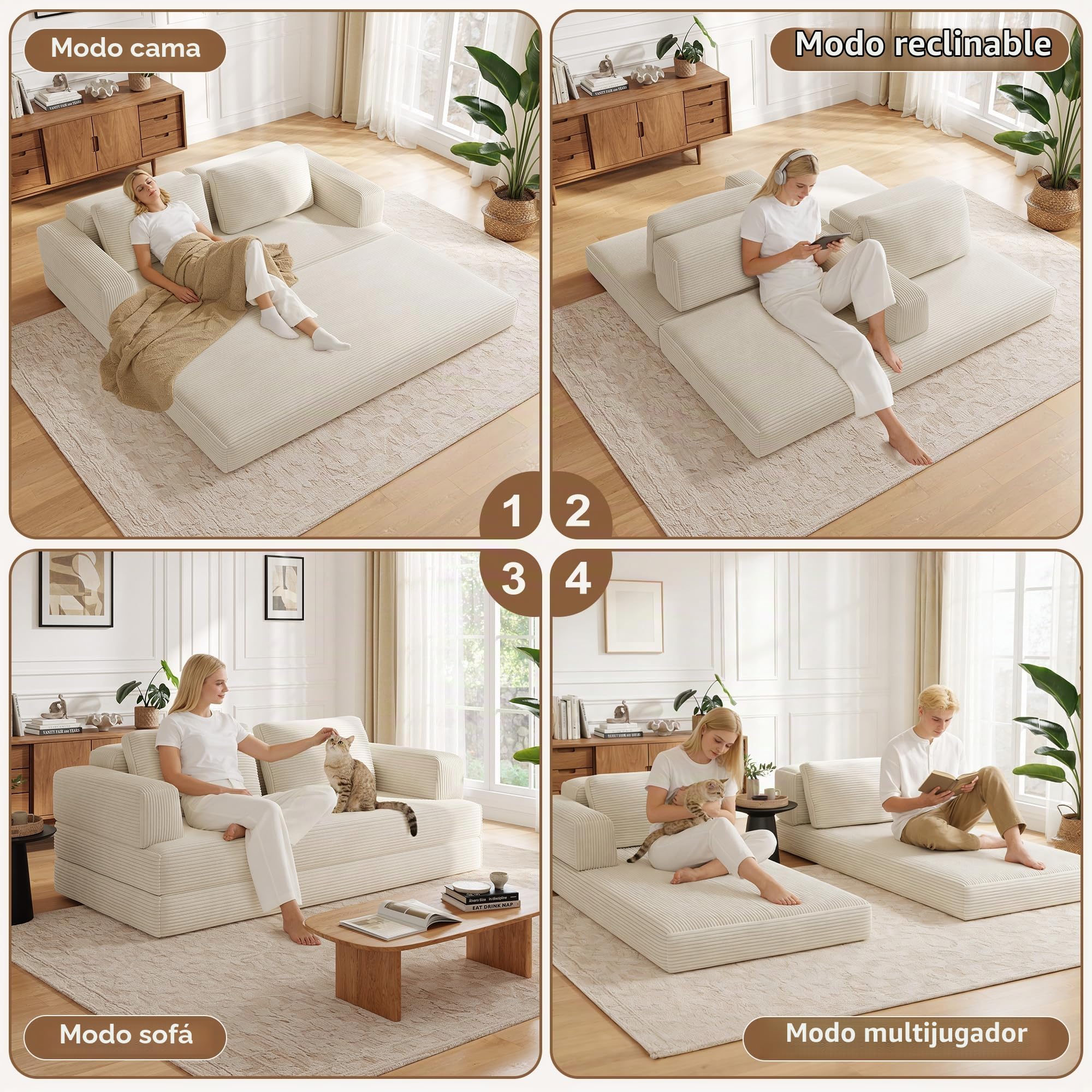 Sofá Cama 2 Plazas 160 cm, Sofá de Suelo Modular con Función de Dormir, Sofá de Nubes de Pana con Cojín para Sala de Estar y Dormitorio (Blanco)