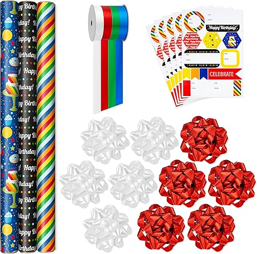 Miniatura 9 de Hallmark Juego de papel de regalo azul y plateado (3 rollos 90 pies cuadrados Ttl, 10 lazos, cinta, etiquetas adhesivas de regalo) para cumpleaños,