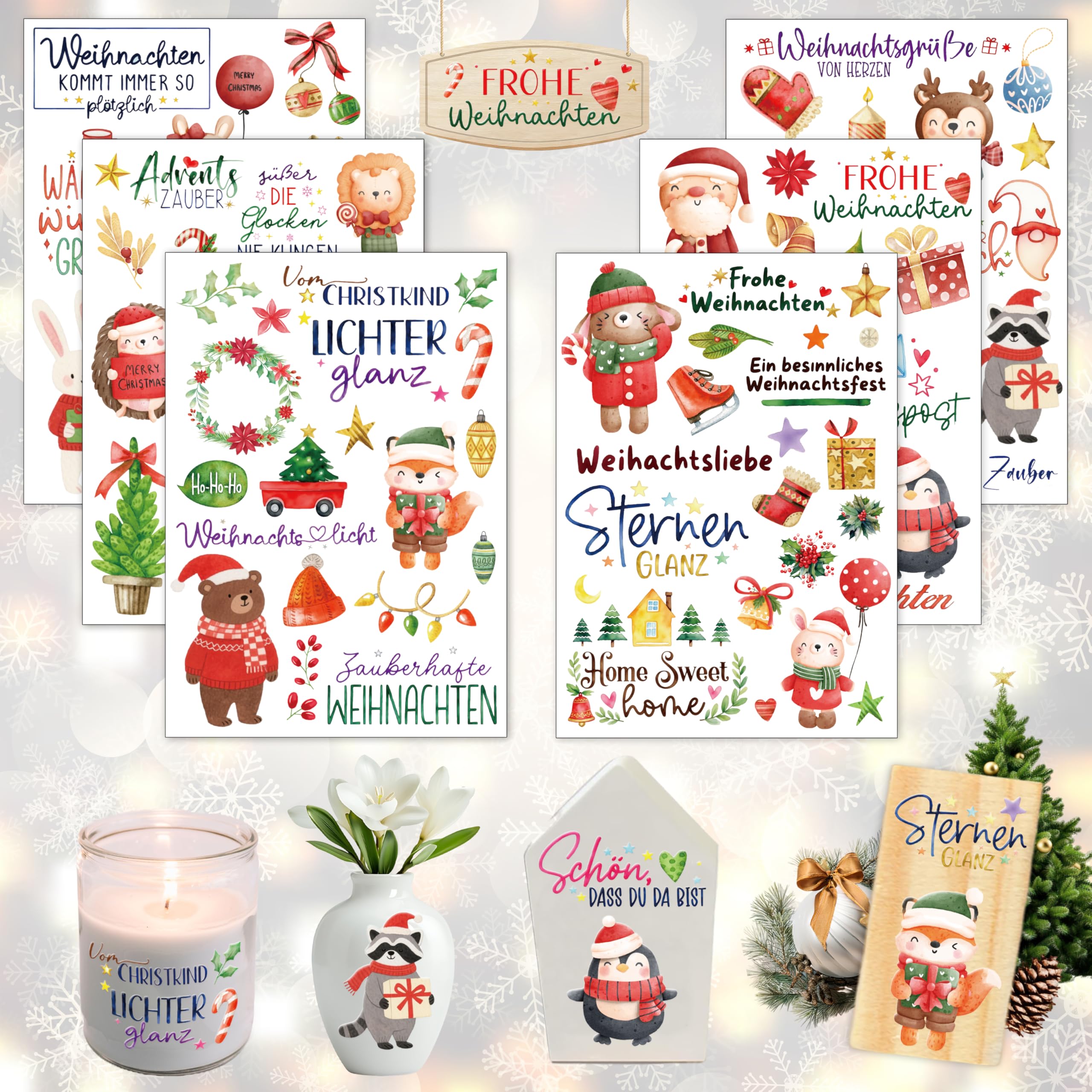 Rub On Sticker Weihnachtstiere, 6 Stück A5 Rub On Aufkleber, Rub On Folie Transferaufkleber, Rub On Sticker Set Weihnachten, für Möbel, Glas, Holz, Scrapbooking, DIY Basteln Deko (Weihnachten IV)
