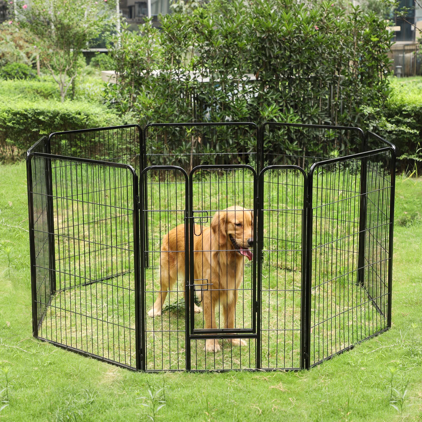 Feandrea Parc pour Chien, Enclos pour Chiot, Clôture, Chenil, Cage, 8 Panneaux, Double Verrou en L, Chaque Panneau 77 x 100 cm, Intérieur, Extérieur, Jardin, Chien, Lapin, Poule, Noir PPK81H