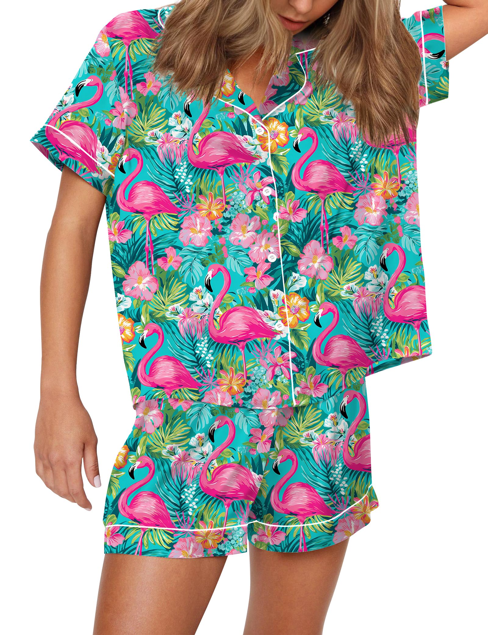 SHESHOW Funny Graphic Pajamas for Women Set Button Down Short Sleeve Top and Shorts Pjs Sets Sleepwear XS-XXL