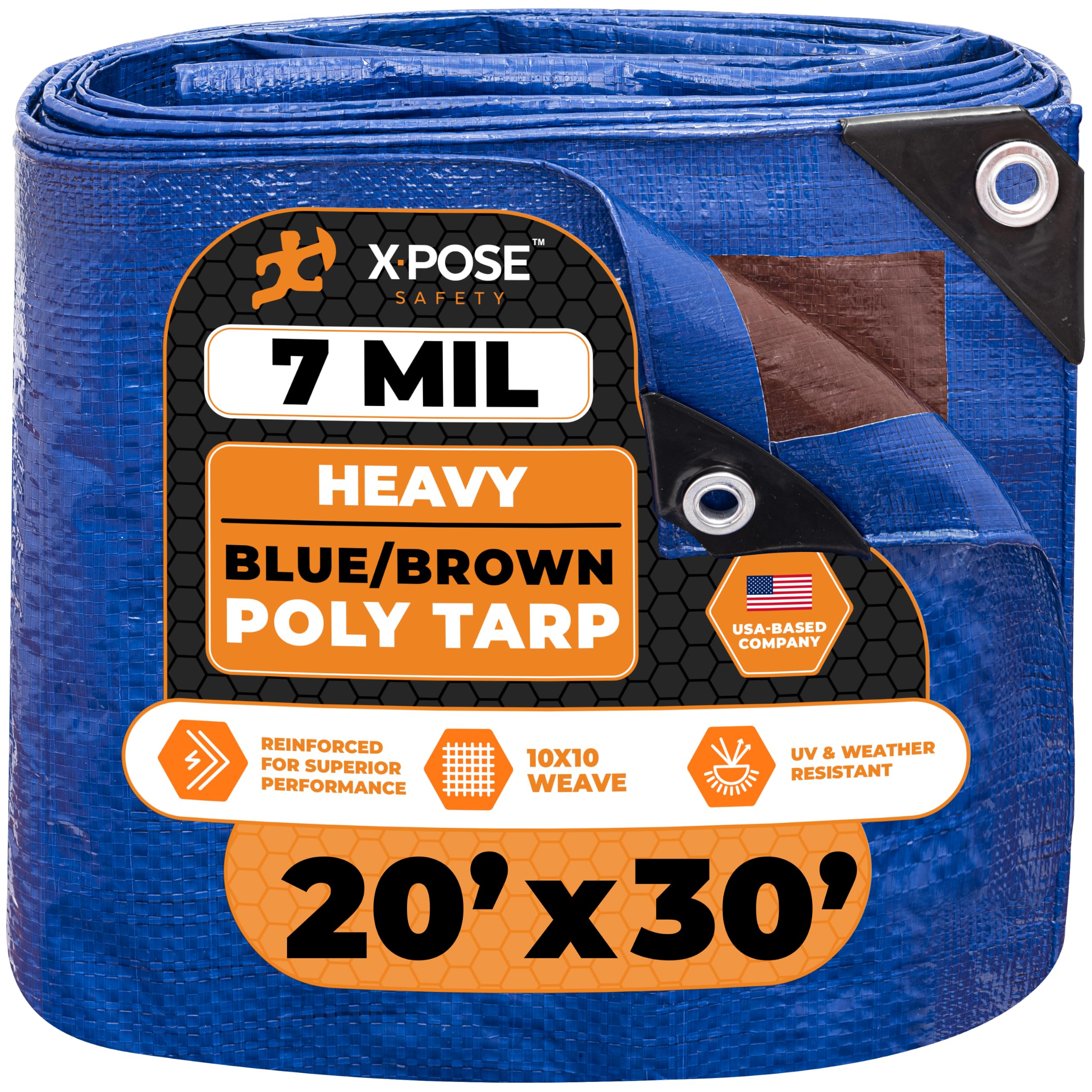 Xpose Safety 20’ x 30’ Heavy Blue/Brown Tarp - Waterproof - 7 Mil Weatherproof Camping Tarp for Tent, Rain, Wind &amp; Sun - Plastic Tarpaulin Cover Outdoor for Roof, Trailer, RV, Car, Boat