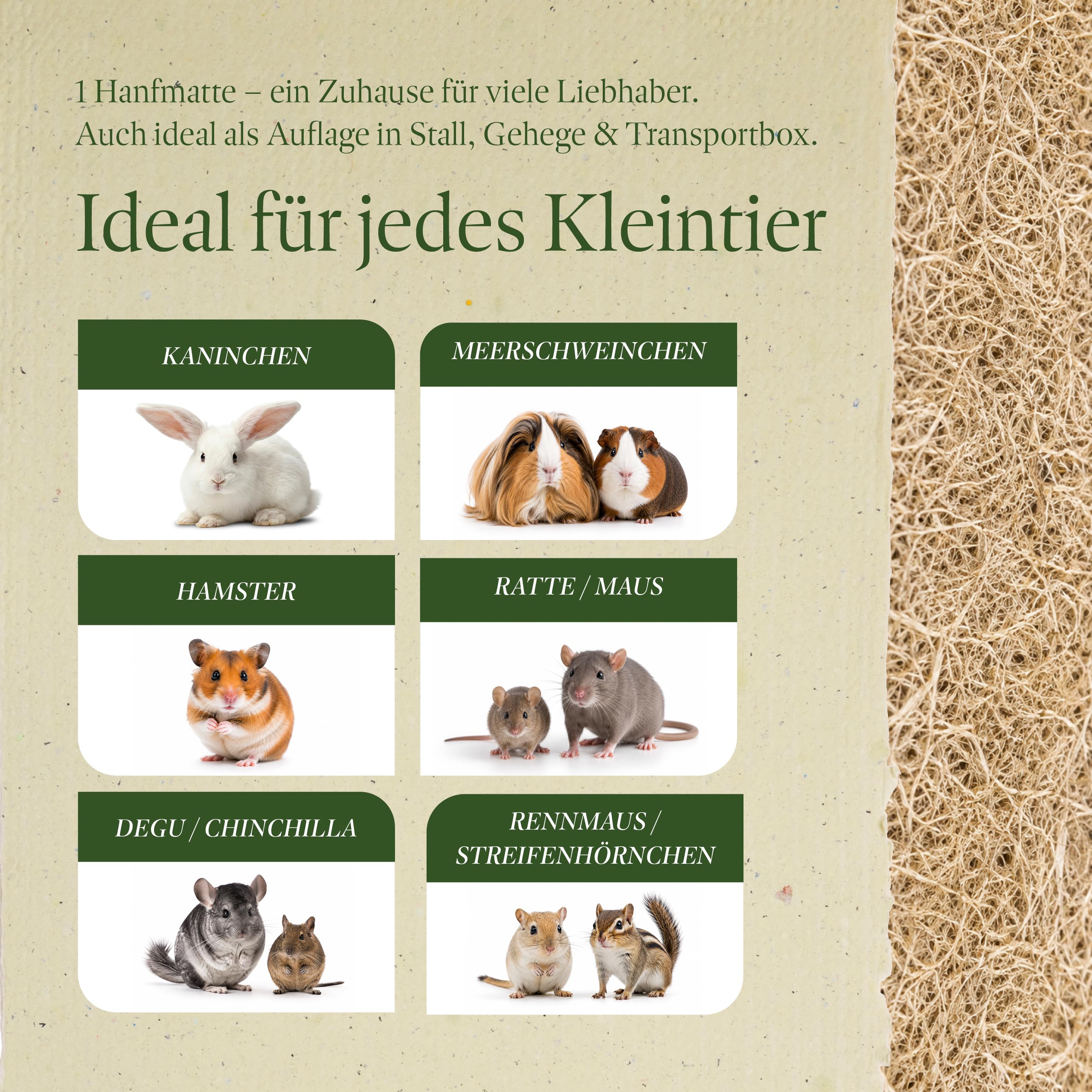 ProFlora® Alfombra para roedores de cáñamo 100% - Esterillas de cáñamo biodegradables para roedores como conejos, cobayas y hámsters (100 x 50 cm, 5 mm de grosor, 2 unidades)