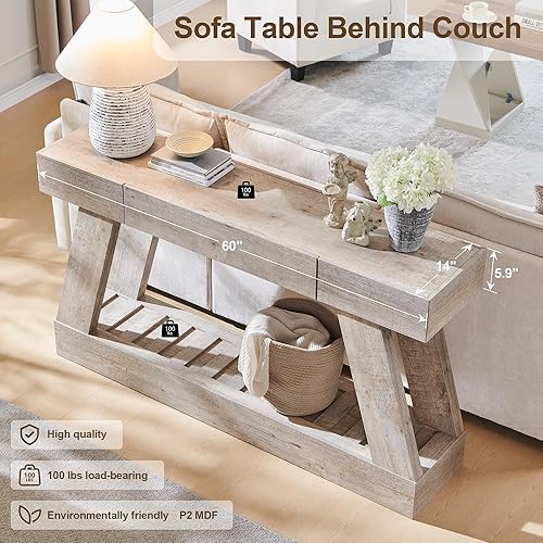 Miniatura 4 de Mesa de entrada de granja de 60 pulgadas con cajón, mesa de vestíbulo de madera con base resistente (roble rústico claro)