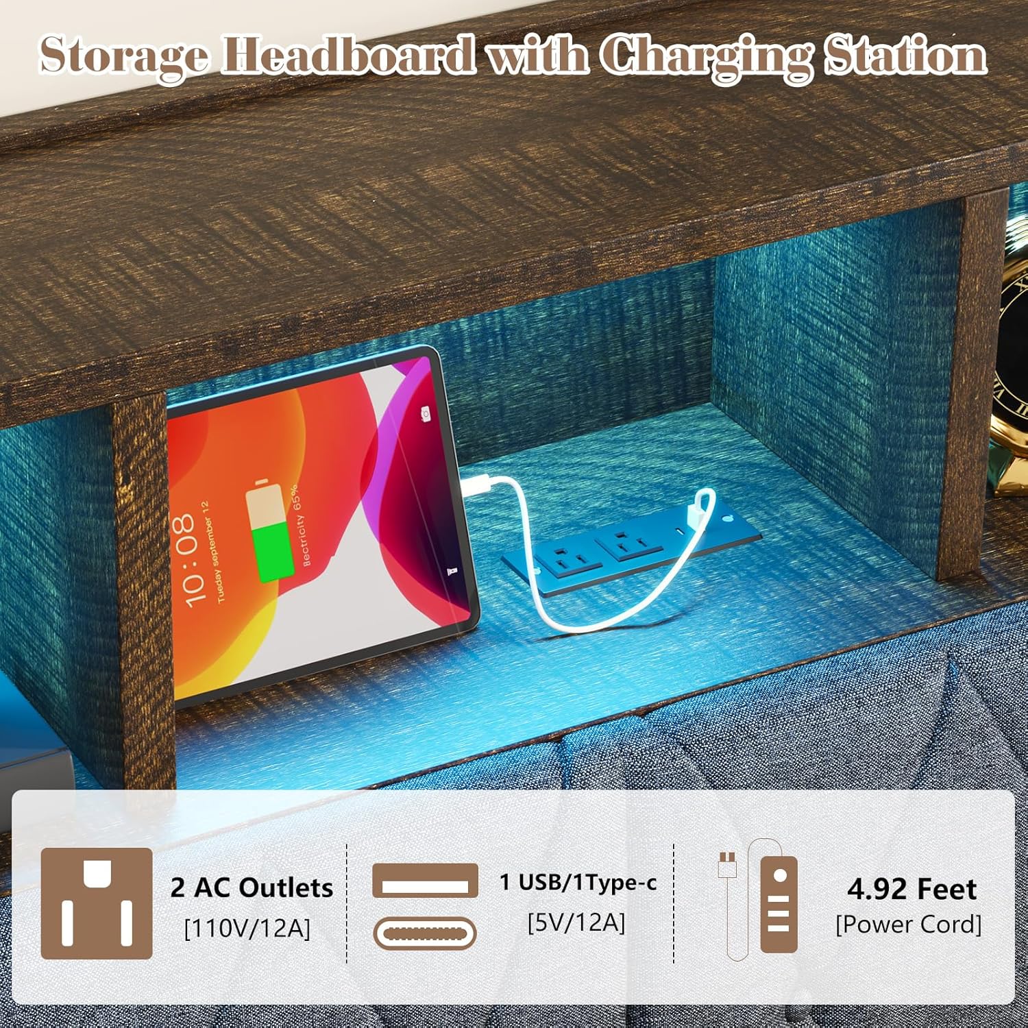 Full Bed Frame with 3-Tier Storage Headboard, LED & Charging Station Metal Platform Bed with 4 Storage Drawers, Hidden Areas, Noise-Free/No Box Spring Needed/Metal Support, Rustic Brown