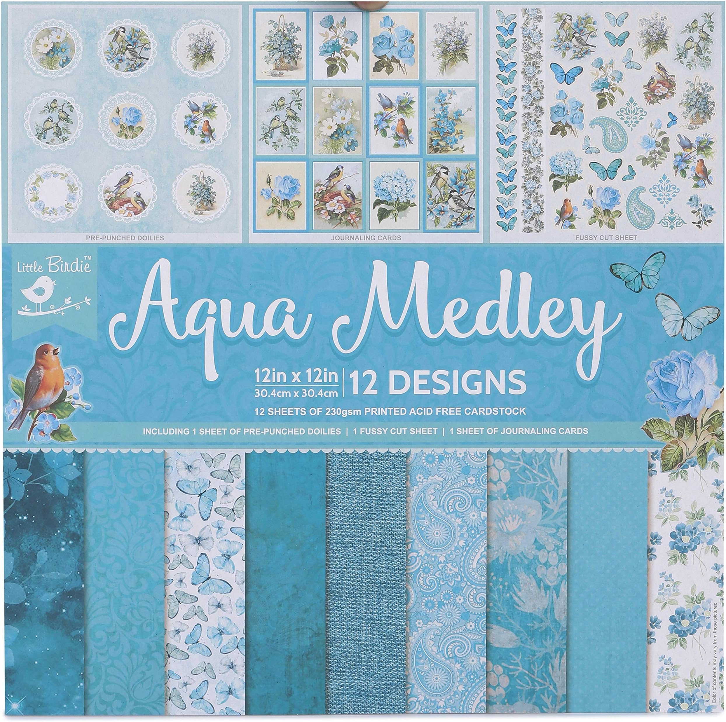 Little Birdie Printed Pattern Design Paper Pack for Art & Craft Aqua Medley, 12x12 Inch, 12 Sheets, 12 Designs | Acid-Free Cardstock for Scrapbooking, Journaling, Greeting Card Making and DIY Projects