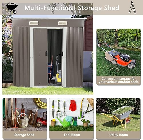 Vista 95 de Cobertizo de almacenamiento para exteriores de 6 x 4.5 pies, cobertizo de jardín de metal galvanizado con ventana y base de metal, cobertizo