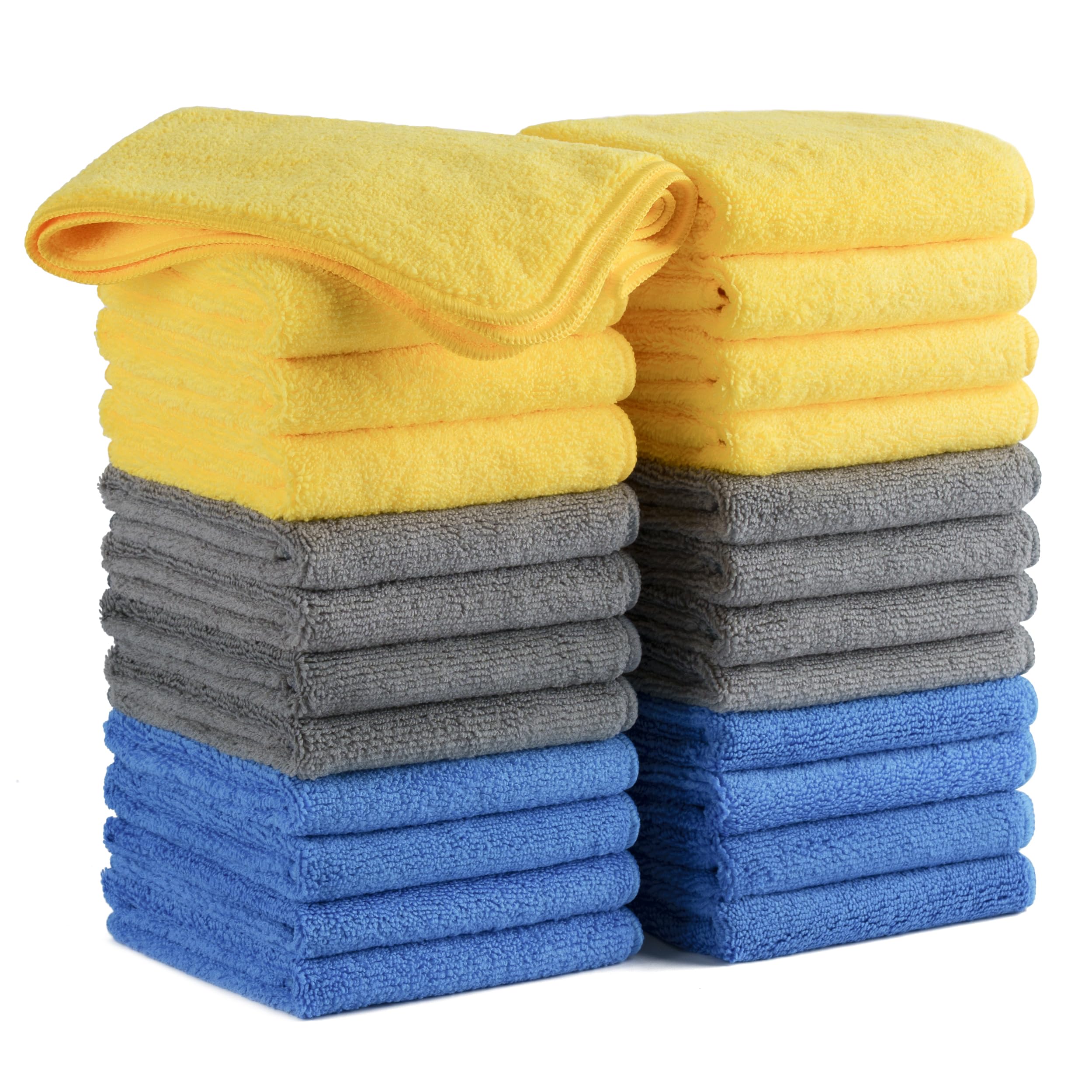 POLYTE Premium Microfiber Cleaning Towel,16x16 in 24 Pack (Blue,Gray,Yellow)