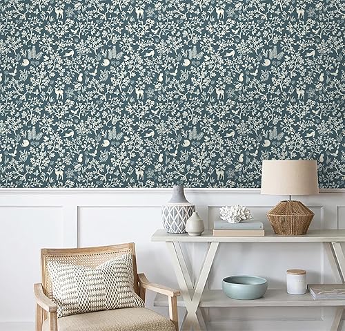 Miniatura 7 de HeloHo Papel tapiz de 16.1 x 118 pulgadas, diseño de hojas florales, color azul, verde, gris, para dormitorio, autoadhesivo, extraíble, impermeable,