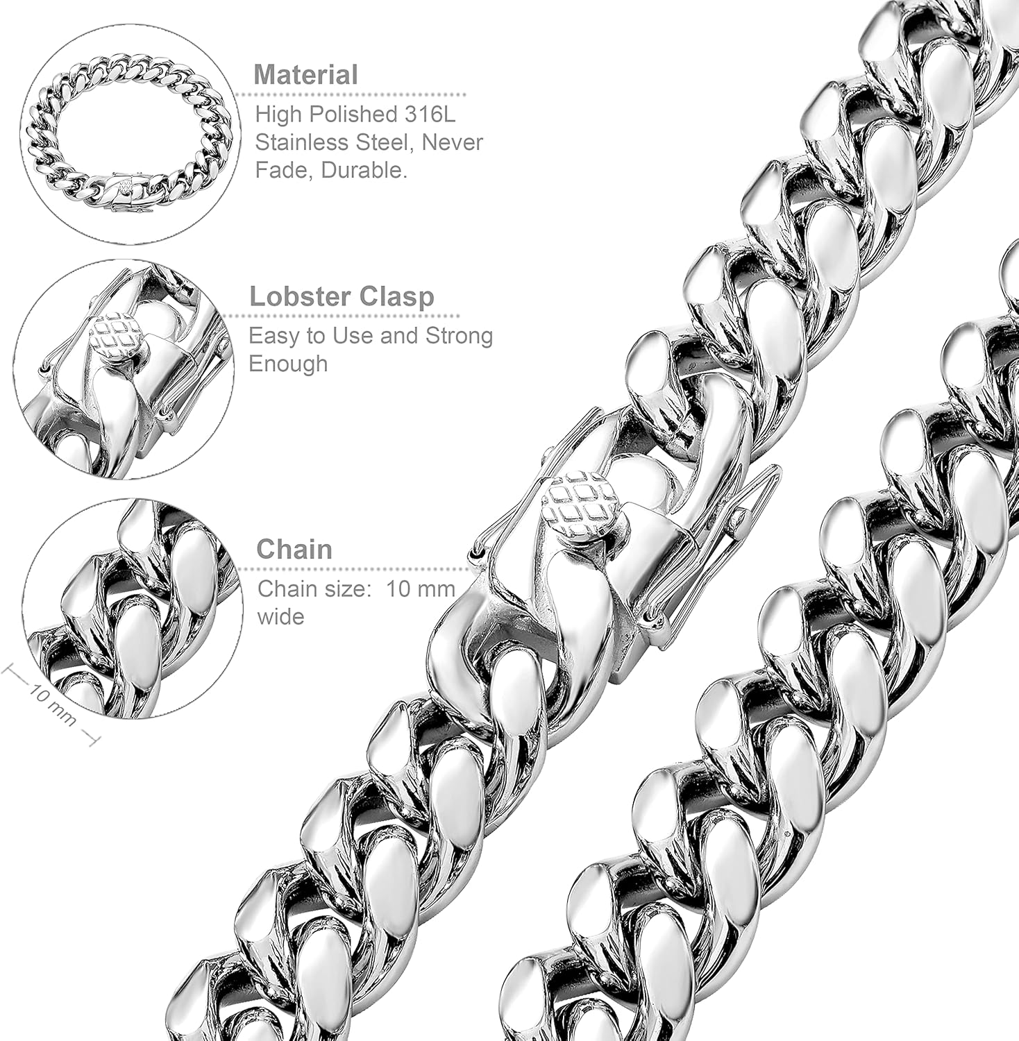 Cuban Link Chain Necklace or Bracelet With Design Box Clasp for Men 6MM/8MM/10MM/12MM/15MM/18MM Silver Color Stainless Steel Hip Hop Miami Curb Chains 7.5-30 inch