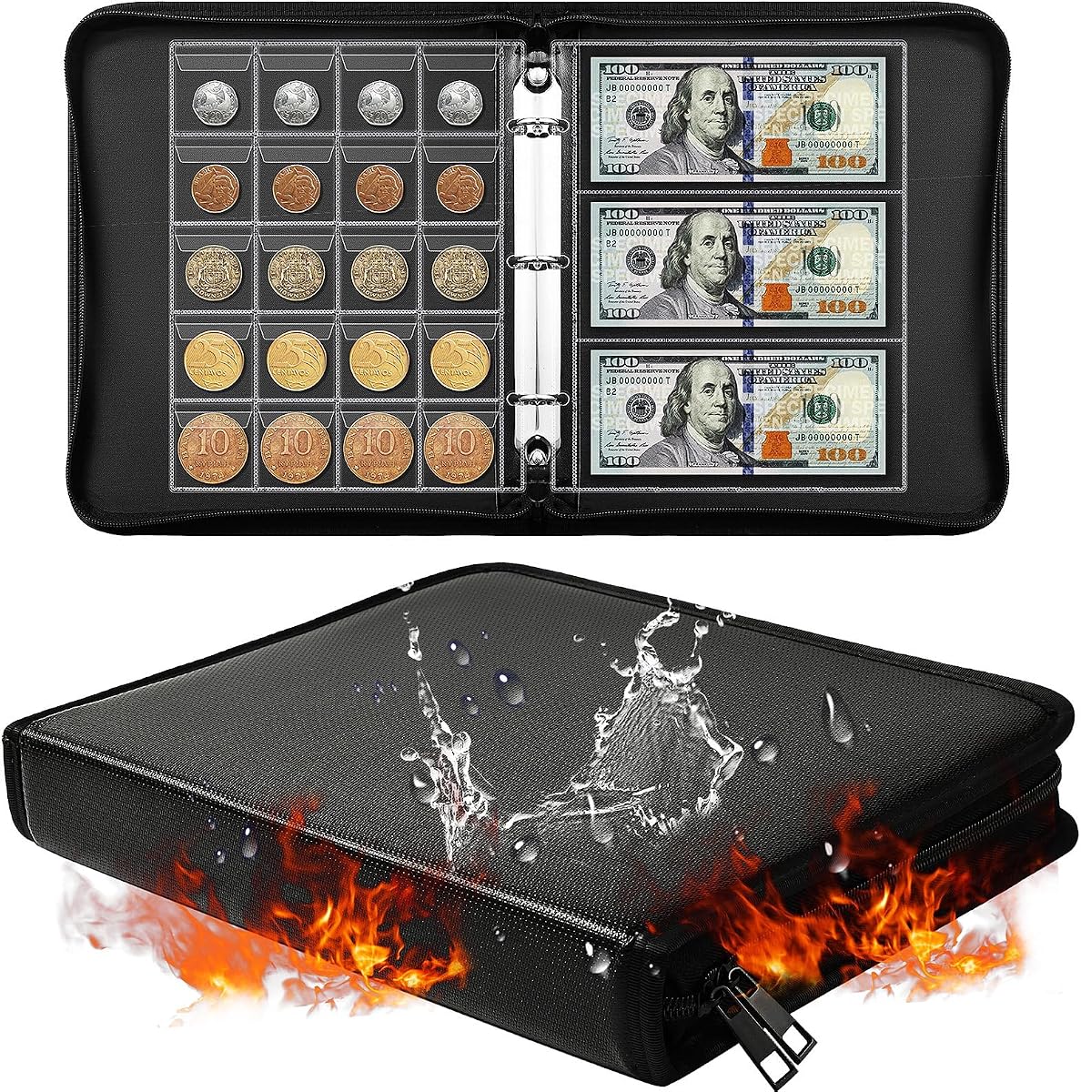 Fireproof Coin Collection Book 460 Coin Pockets & 36 Paper Money Sleeves | Coin Collection Holder for Collectors Coin Collecting Album Binder Storage Organizer Display Case for Foreign Coins& Currency
