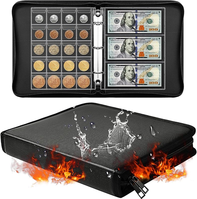 Fireproof Coin Collection Book 460 Coin Pockets & 36 Paper Money Sleeves | Coin Collection Holder for Collectors Coin Collecting Album Binder Storage Organizer Display Case for Foreign Coins& Currency