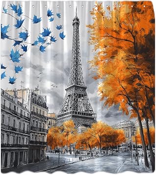 Paris Eiffel Tower Shower Curtain Oil Painting European France Street City Landscape Modern Couple Orange Tree Farmhouse Bathroom Curtains Decor with Hooks