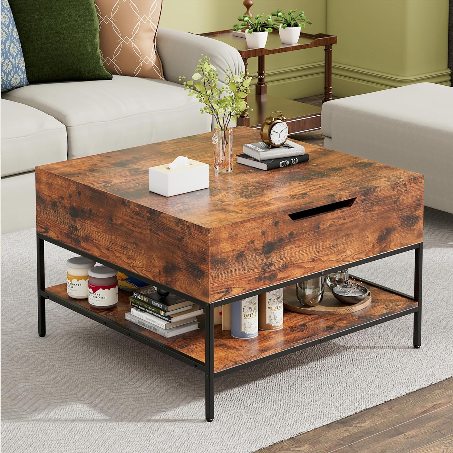 Coffee Table with Storage, Square Coffee Tables with Large Hidden Compartment