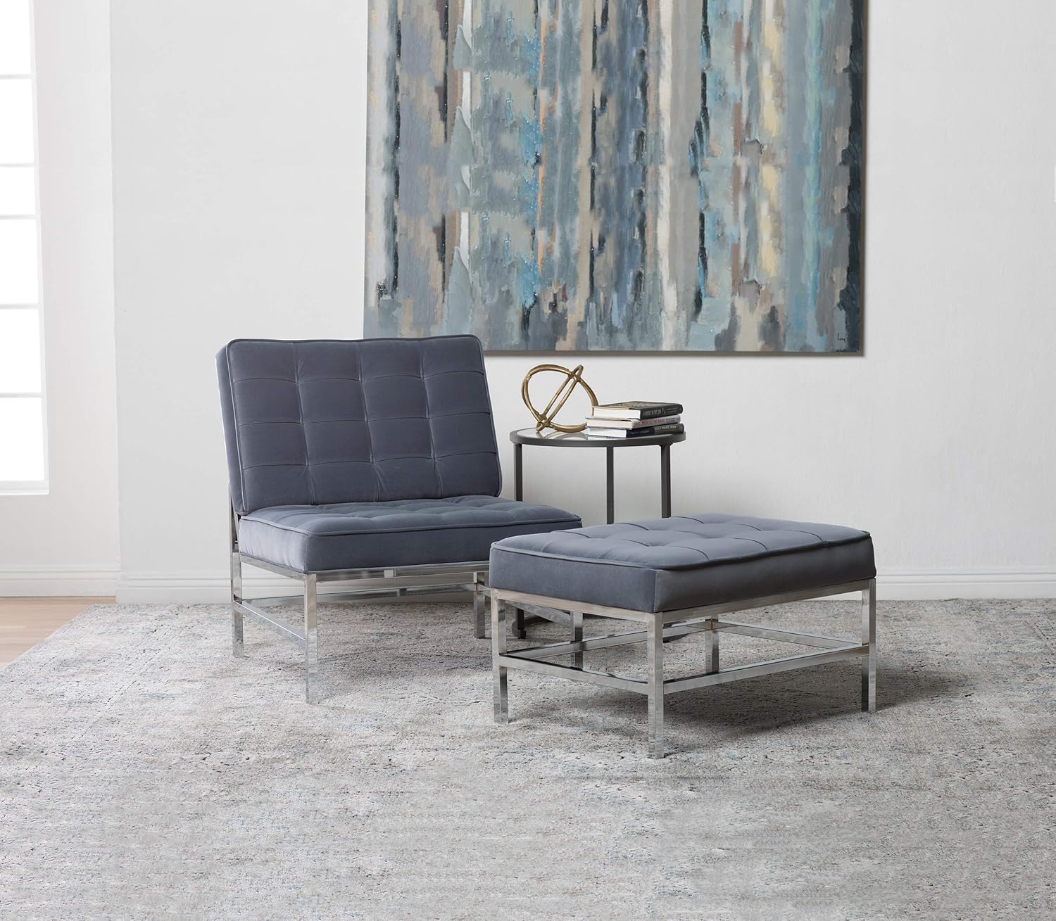 Bеѕt Prоmо Studio Designs Home 30 W Ashlar Modern Tufted Accent Ottoman, Chrome Additional Seating or Footrest for Living Room or Office, Polyester Fabric, Velvet Slate Blue Flаѕh Sаlе Studio Designs Home 30 W Ashlar Modern Tufted Accent Ottoman, Chrome Additional Seating or Footrest for Living Room or Office, Polyester Fabric, Velvet Slate Blue