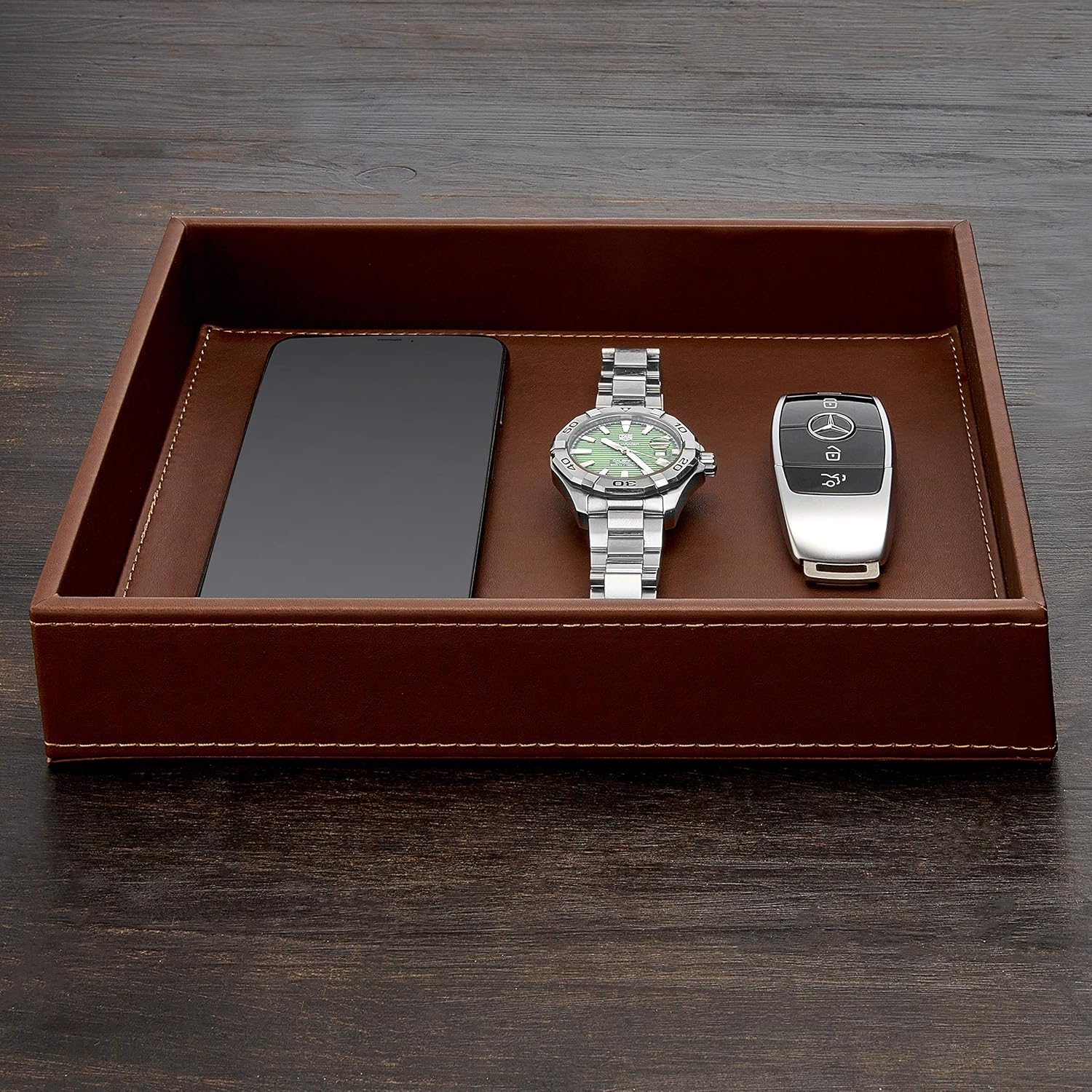 GALLAWAY Leather Valet Tray for Men - Nightstand Organizer EDC Tray for Wallet and Keys - Bedside Dresser Catch All Dump Key Bowl for Entryway Table, Dark Brown