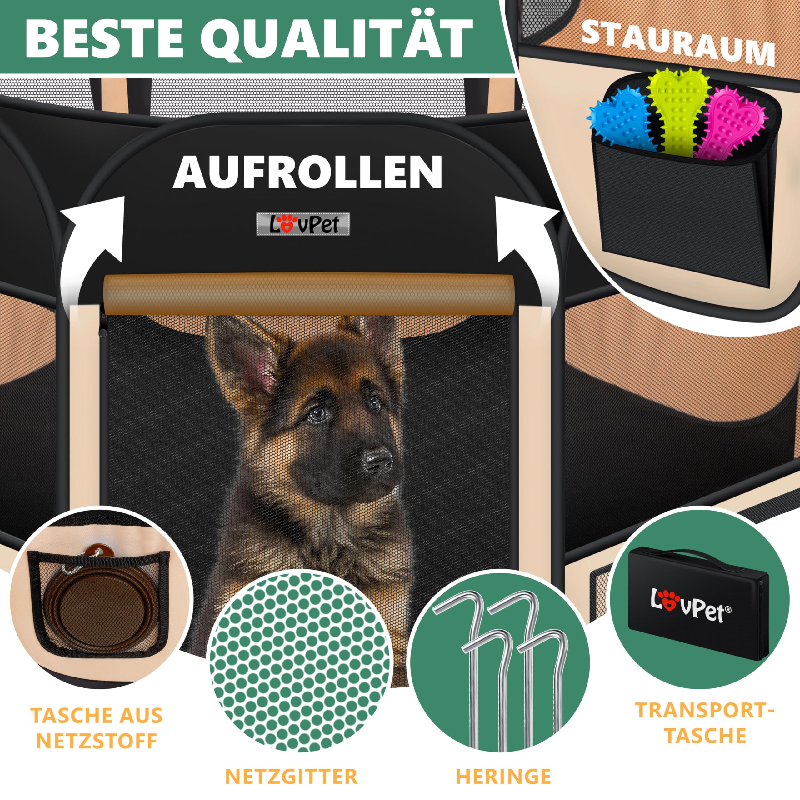 Lovpet® Hondenren Puppystal, dierenomheining, opvouwbaar, voor kleine dieren, honden katten, incl. honden-drinkbak hondenuitloop buitenomheining in Oxford stof pop-up systeem voor binnen/buiten
