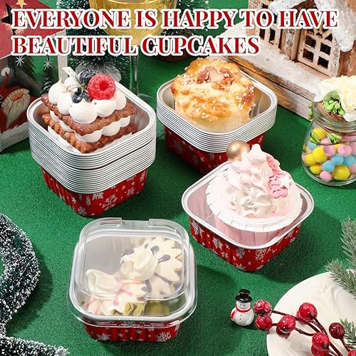 Miniatura 4 de 100 piezas de tazas de aluminio de Navidad con tapas, recipiente de papel de aluminio para cupcakes con tapas, 5 oz, bandeja cuadrada de papel de
