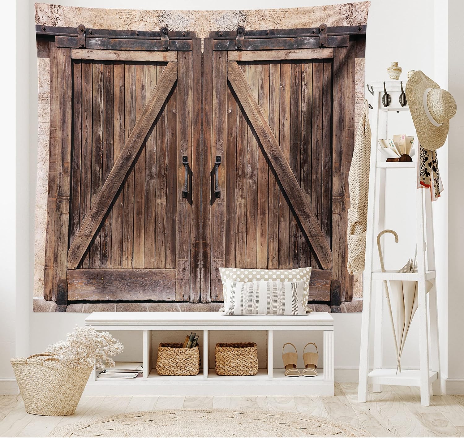 Ambesonne Rustic Tapestry, Wooden Barn Door in Stone Farmhouse Image Vintage Desgin Rural Art Architecture Print, Wide Wall Hanging for Bedroom Living Room Dorm, 60" X 40", Cream Brown