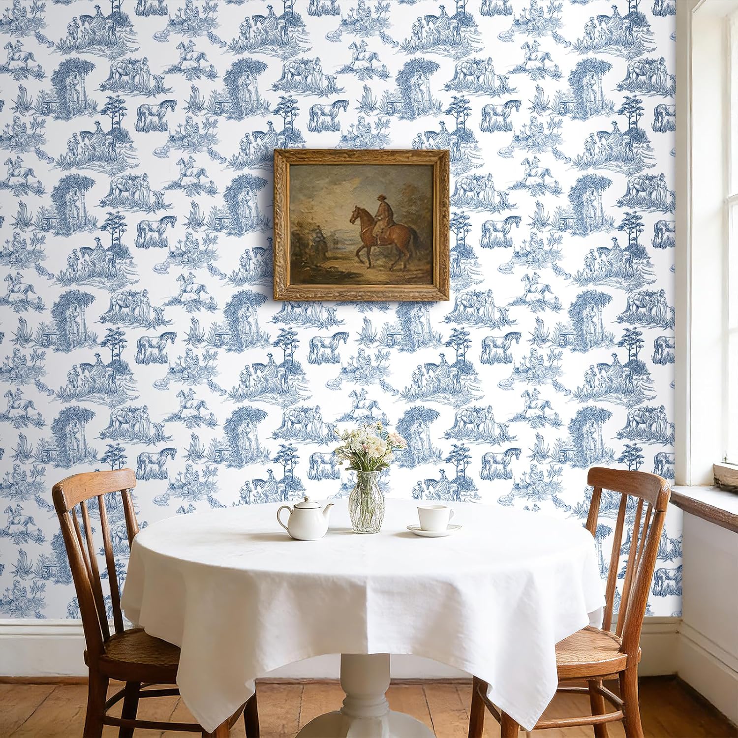 Stickyart 17.5"x276" Peel and Stick Toile Wallpaper Blue and White French Countryside Contact Paper Removable Retro Toile de Jouy Wallpaper Pastoral Figures Equestrian Horses Wall Paper for Bathroom