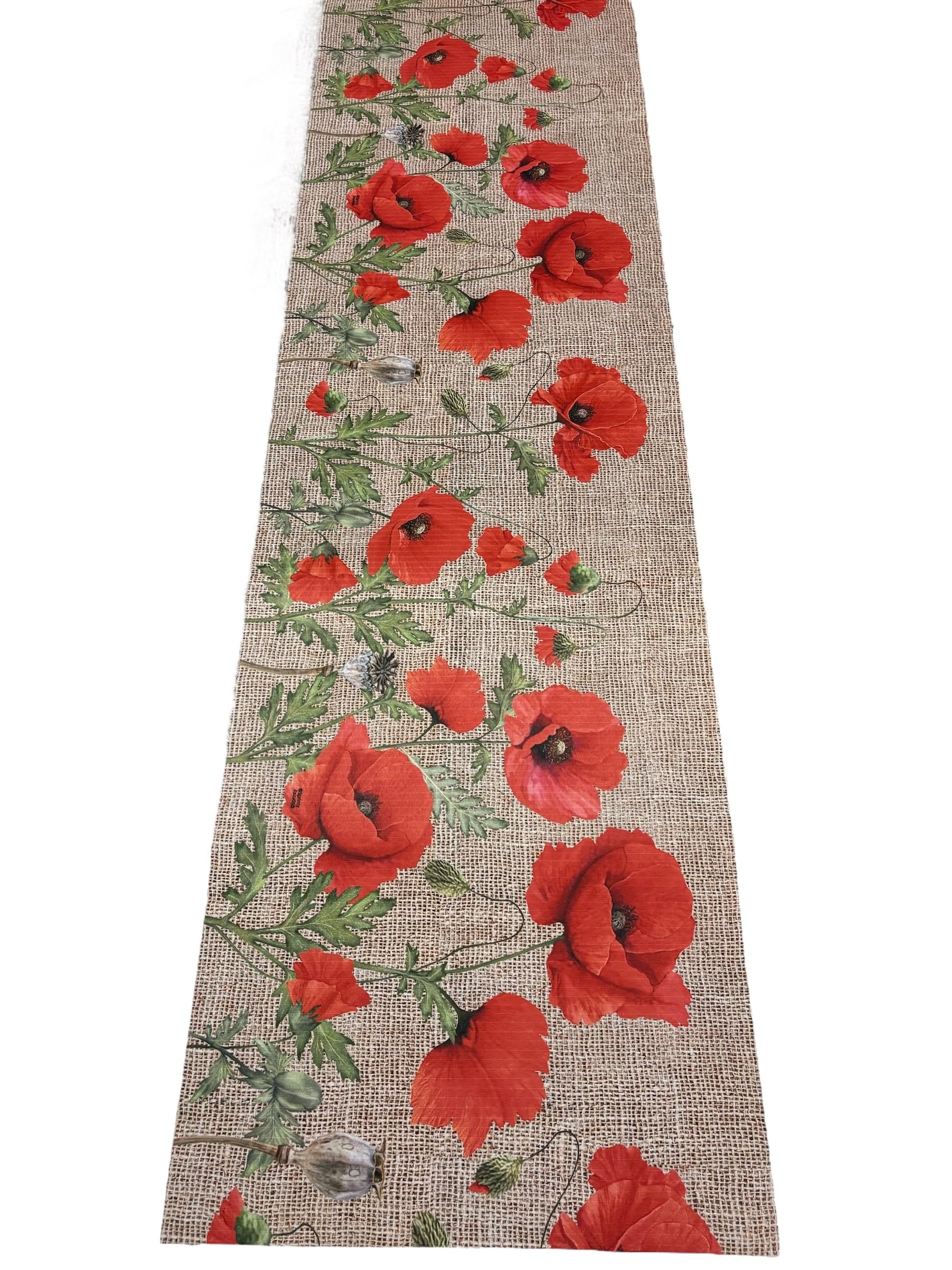 LaVelahome Tapis de cuisine anti-taches coquelicots rouges sur fond effet jute, fond antidérapant PVC, lavable, design floral fabriqué en Italie (50 x 300 cm)