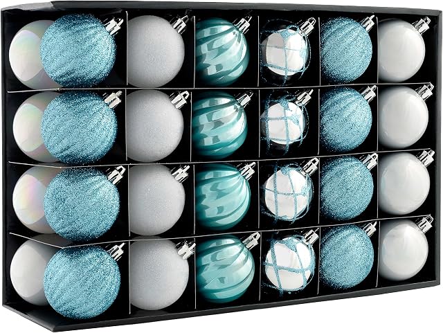 WeRChristmas Shatterproof Luxury Christmas Tree Baubles,Plastic, 48-Piece - Silver/Blue/White