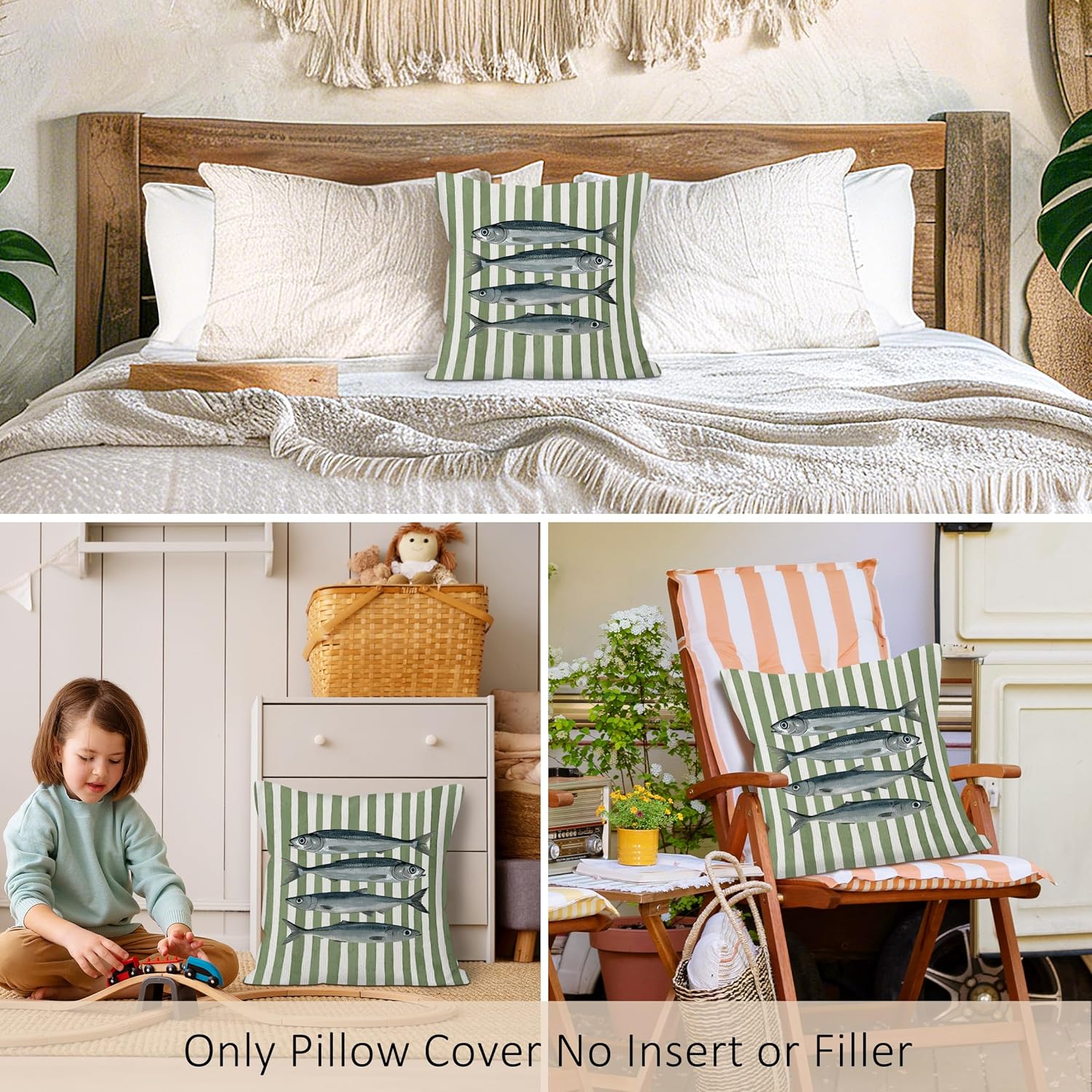 Vintage Sardine Fish Throw Pillow Covers, Coastal Fishes Pillow Case Cover for Nursery, Green Striped Fish Square Pillowcase, Farmhouse Sardine Cushion Cover Case for Bed Couch, 18x18 Inch - Image 4