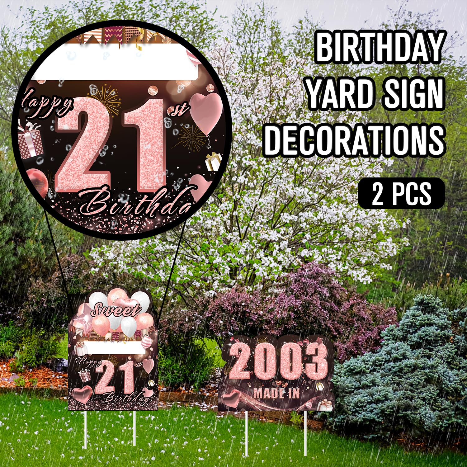 Gartenschild Zum 21. Geburtstag – 7-teiliges Set, Schwarz-gold, Mit Heringen, Für Rasen & Hof-Dekoration