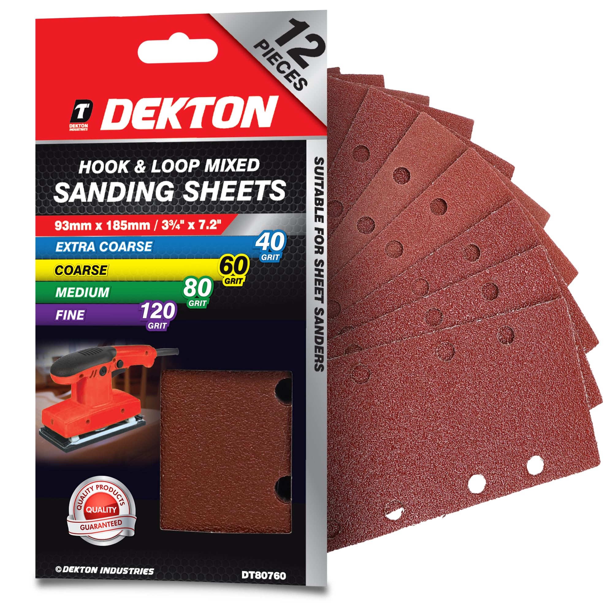 Dekton 12PC Hook and Loop Detail Sanding Sheets, 185mm/Extra Coarse - Assorted | Ideal for Sheet Sanders | Multi-Surface Use on Wood, Metal, Plaster, Plastics & Paint | Heavy-Duty Sanding Performance