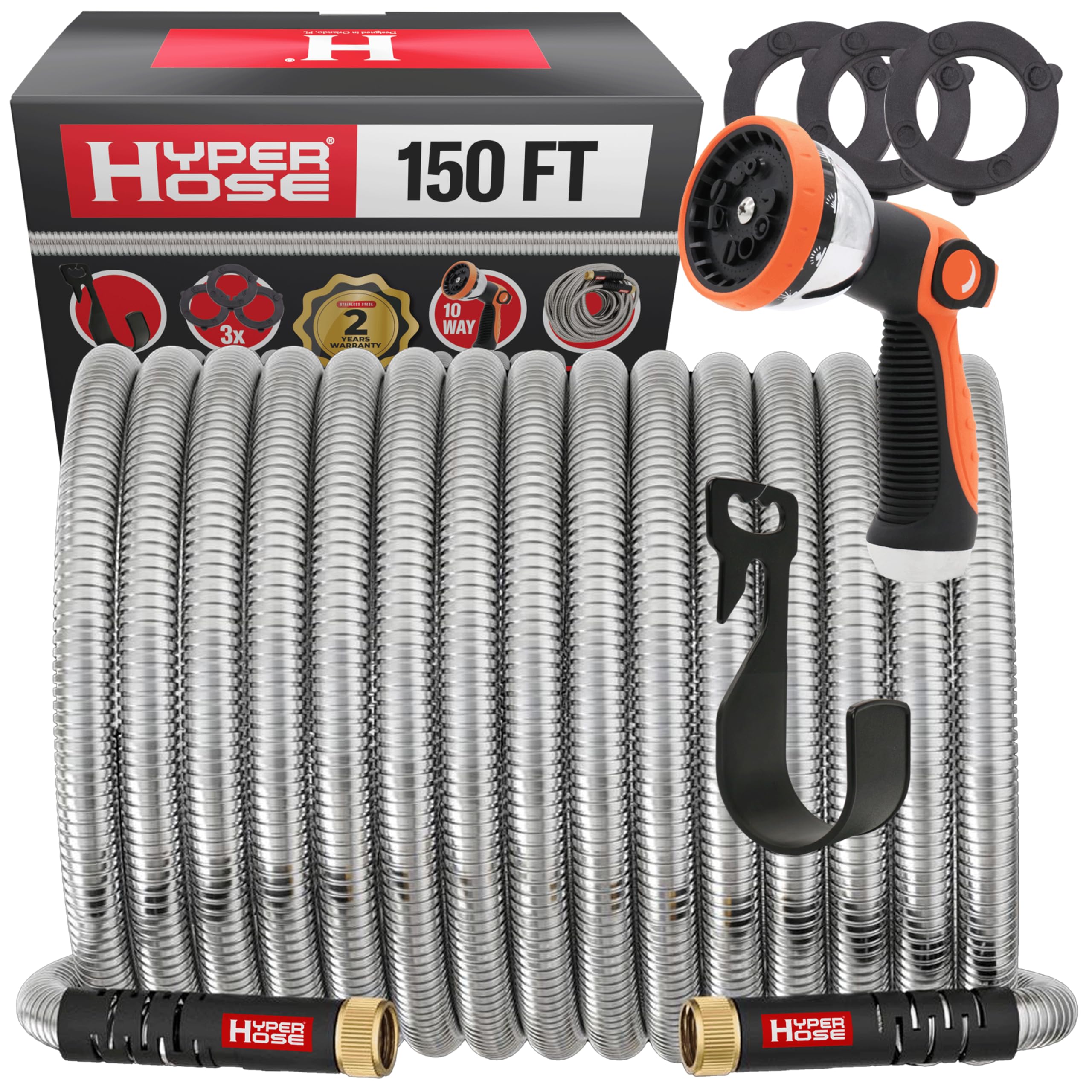 Best 150 ft Metal Garden Hose Set - No-Kink Durable 316 Stainless Steel, 10-Way Zync Spray Nozzle & Hook – Tough Flexible Heavy Duty Water Hoses, Naval Brass, Rust, Weather, LeakProof