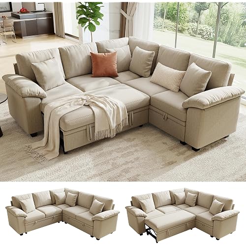 86" Modular Sectional Sleeper Sofa with Pull Out Bed, L Shaped 5 Seat Couch with 151L Storage, Convertible Cloud Couch Bed, Sectional Couches for Living Room, Apartment (Sand)